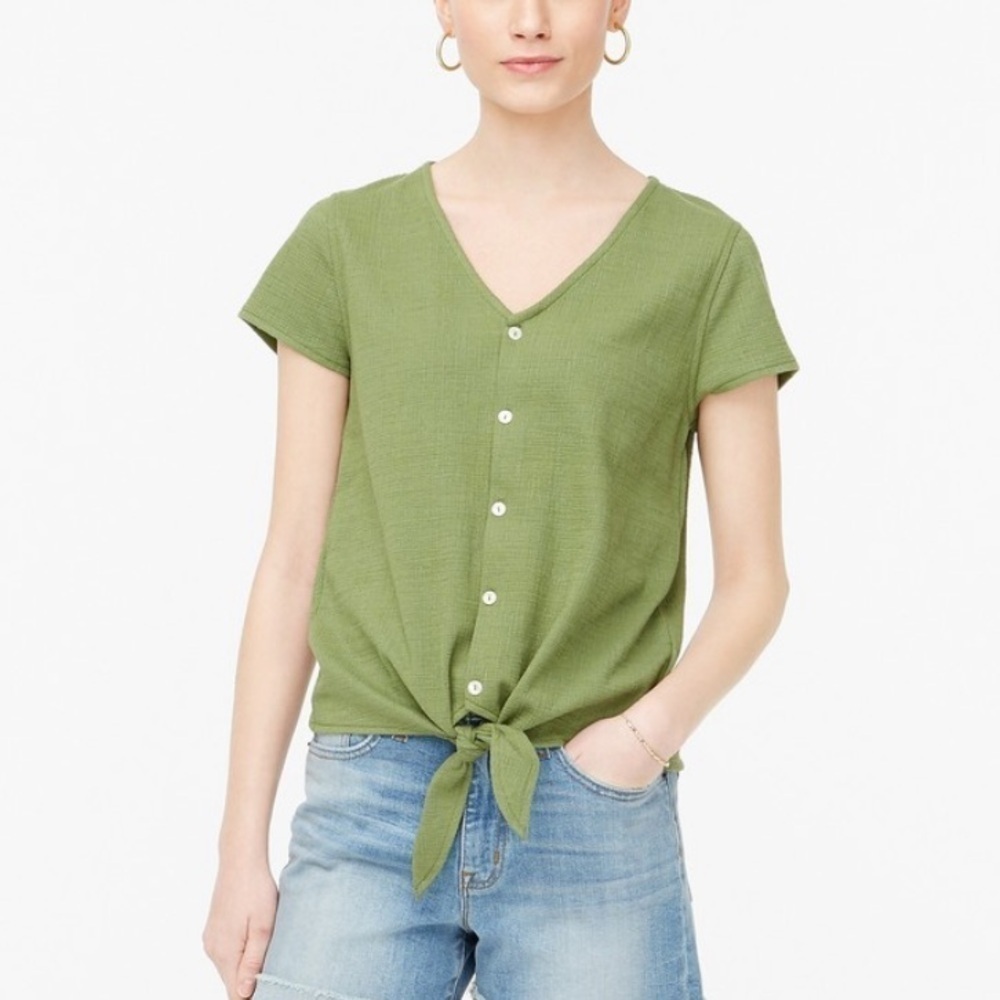 J. Crew Green Textured Tie Front Blouse - Picture 1 of 6